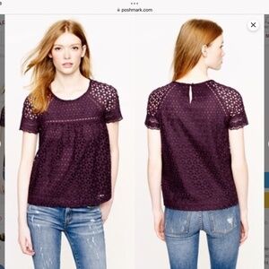 J Crew SZ 0 Aubergine Eyelet Cotton Short Sleeved Top